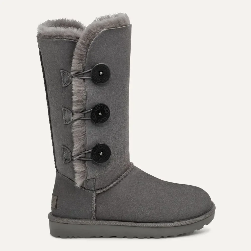 UGG Bailey Button Triplet II Tall Boots (7.5) in Gray Sheepskin Fur Cozy Shoes